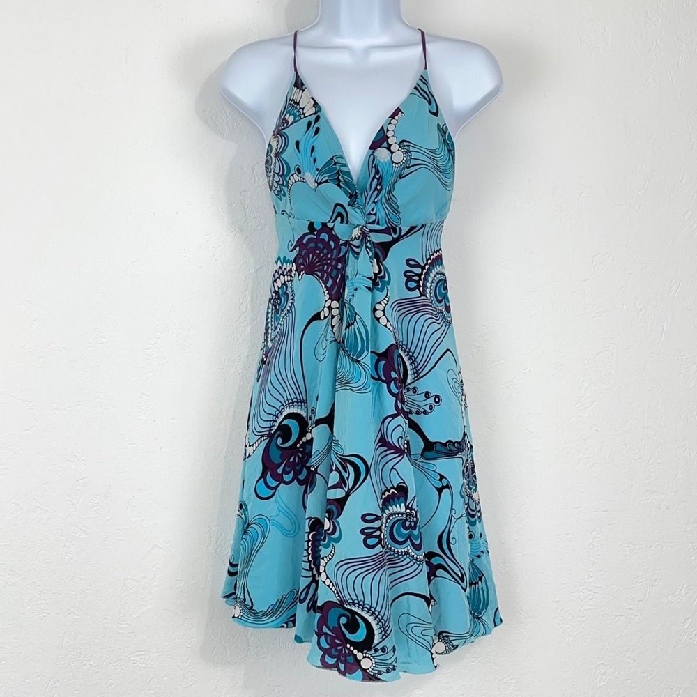 Vintage Marciano Y2K Babydoll Silk Mini Slip Dress Sz Small No Back Blue Artsy